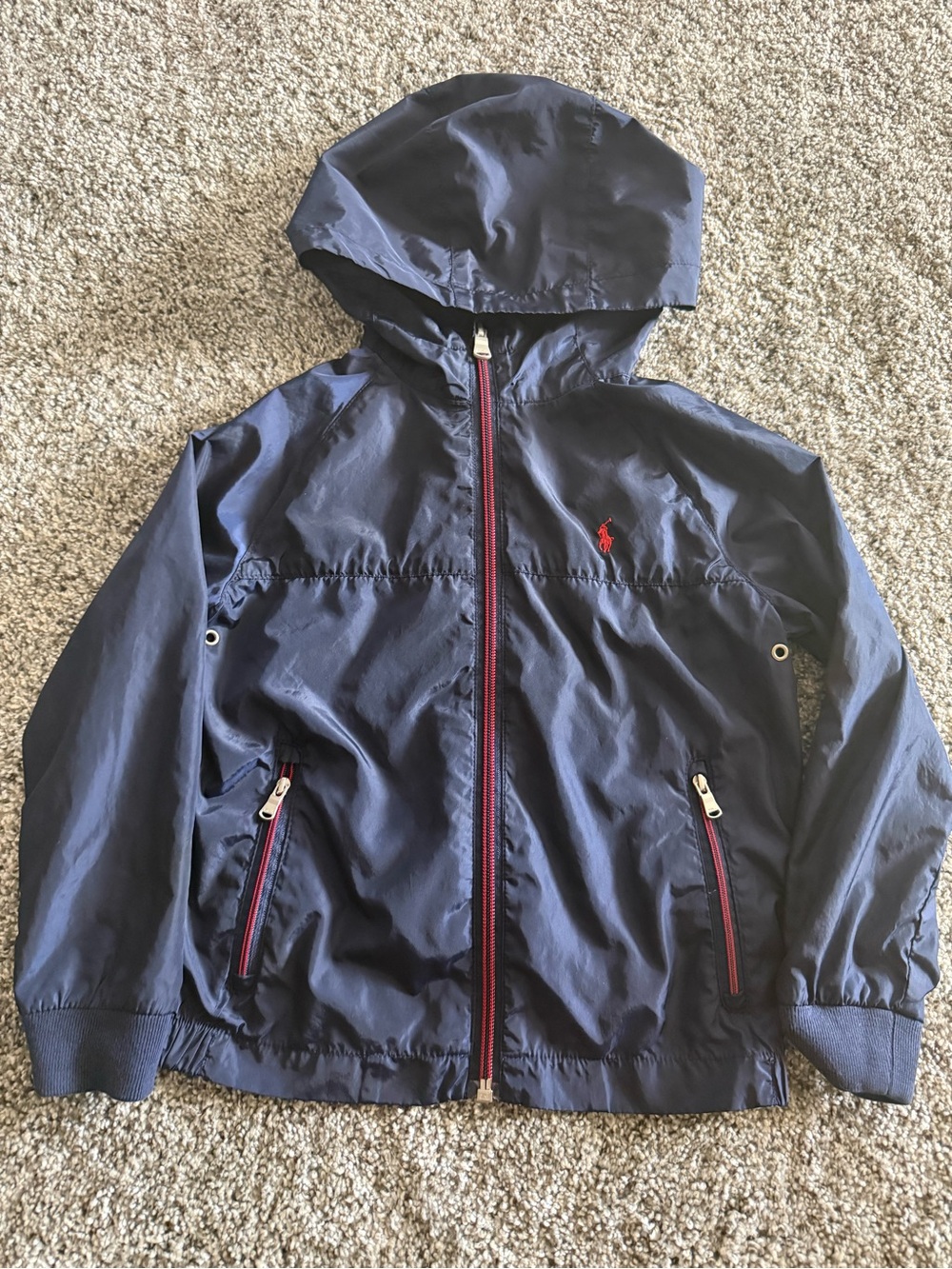 Polo Ralph Lauren Boys Hooded Windbreaker Jacket Navy Red Zip Size 5